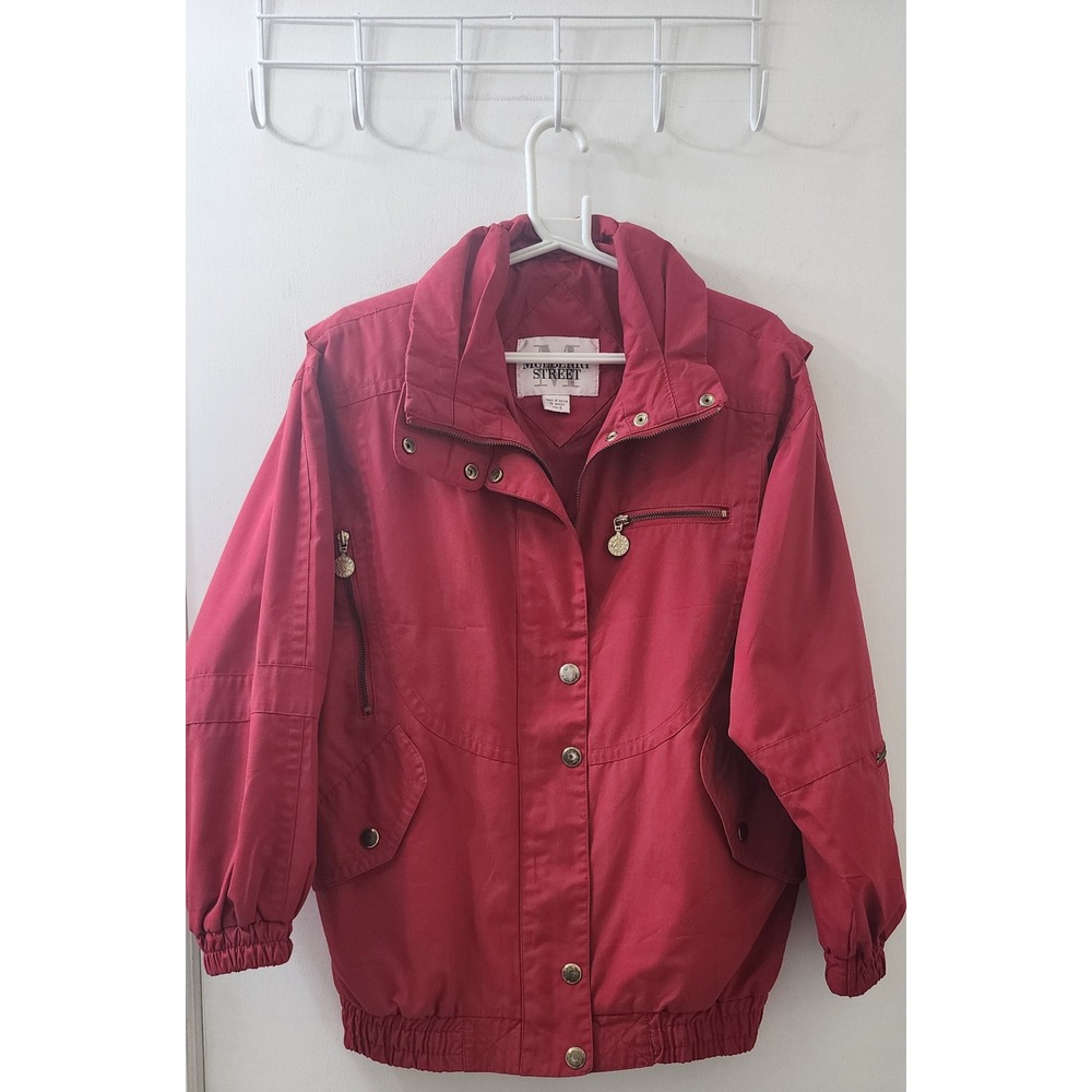 Mulberry Street Vintage Red Bomber Jacket Women Small Full Zip Snap Utility 90s